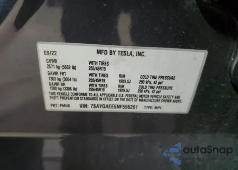 2022 Tesla Model Y from USA, damaged, VIN 7SAYGAEE5NF556261